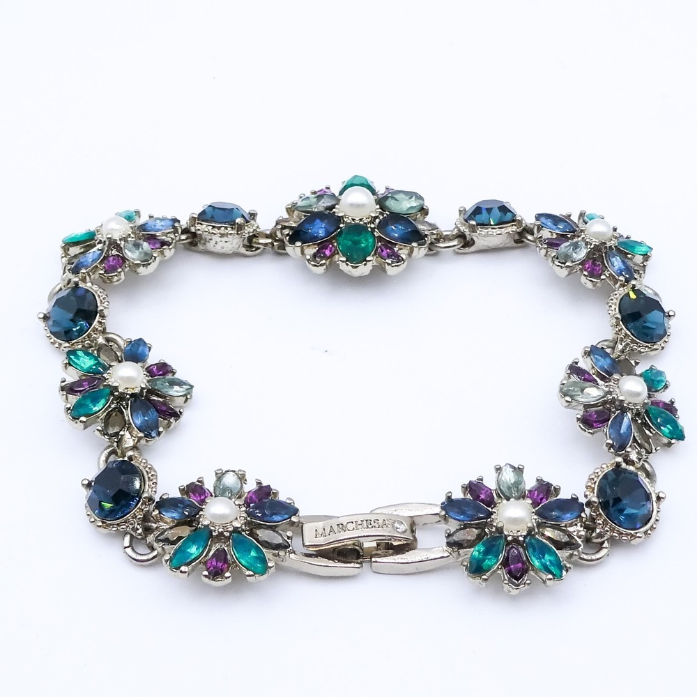 Marchesa Flower Blue Green Crystal Rhinestone Faux Pearl Gold Tone 7.5" Bracelet
